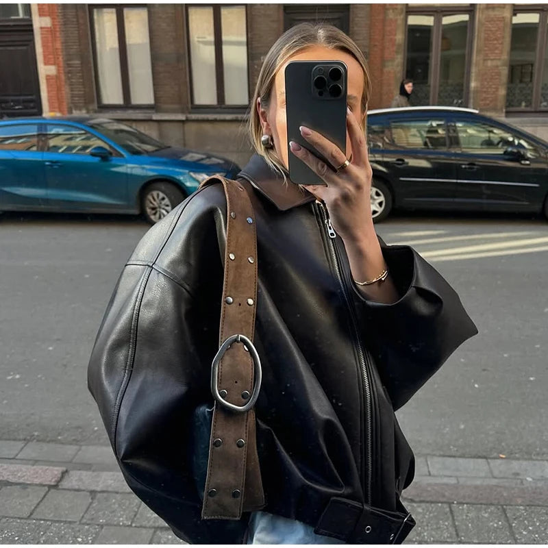 The Belted PU Bomber Jacket