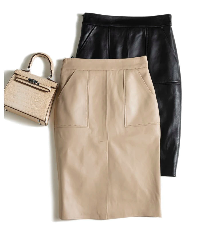 Lambskin Skirt for Women Commuting OL Simplified Vertical Cut 100% Leather Front Split Jupe Mujer Pockets Black Wrap Midi Skirt
