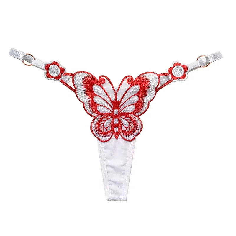 Butterfly Lace Thong for Women Low Waist G-String Transparent Mesh Panties Sexy Embroidered Briefs Adjustable Waist Culotte Femm