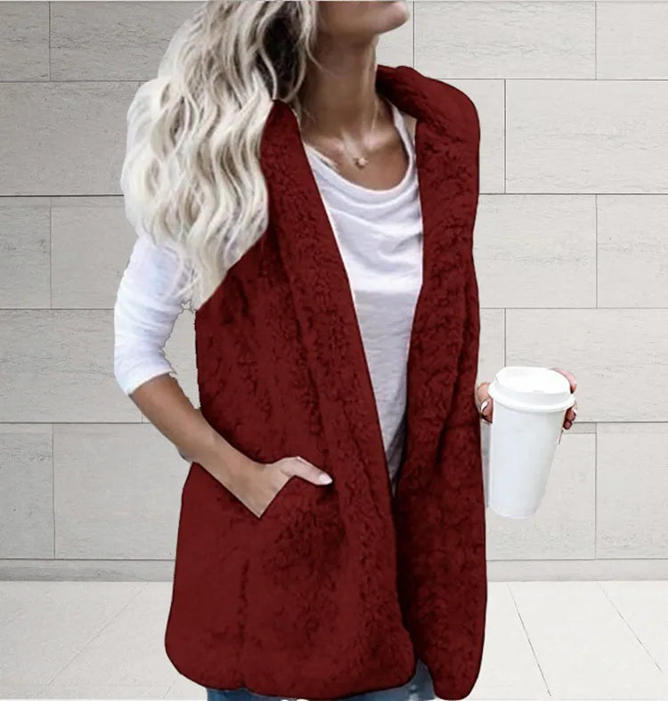 Women Fleece Coats Summer Fashion Pocket Sleeveless Long Loose Waistcoats Outwear LRFZ-6699