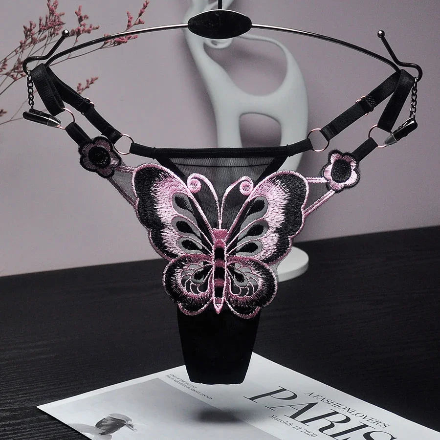 Butterfly Lace Thong for Women Low Waist G-String Transparent Mesh Panties Sexy Embroidered Briefs Adjustable Waist Culotte Femm