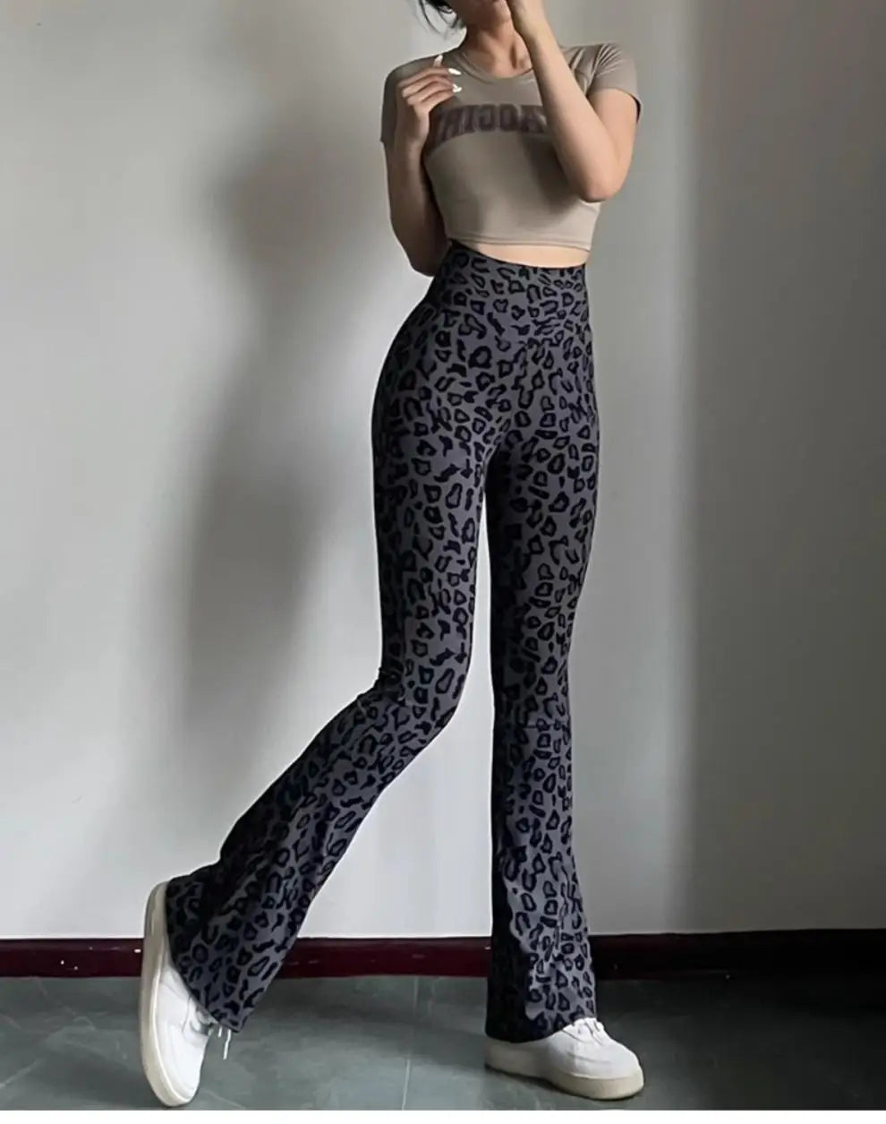 BIVIGAOS Spring Summer Leopard Print Flared Leggings Women Sharkskin High Waist Tight Sport Pilates Sexy Fitness Horseshoe Pants