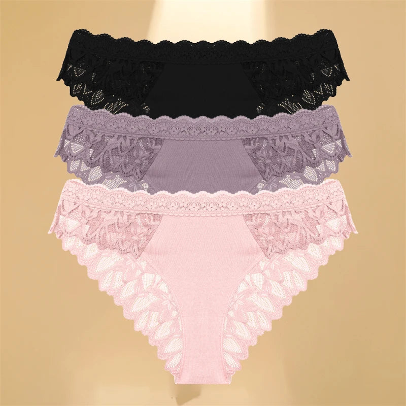 FINETOO 3Pcs Lace Hollow Out Underwear for Women Sexy Low-Waist Floral Briefs Female Invisible Breathable Lingerie Soft Intimate