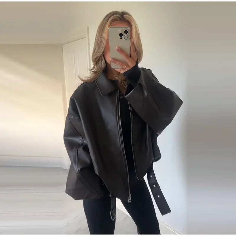 The Belted PU Bomber Jacket