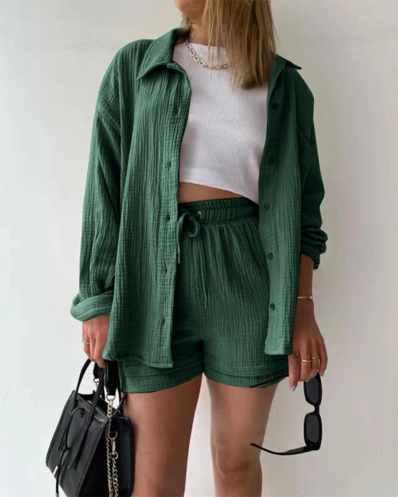 Summer Women's Suit Short Sets Outfits Muslin Suit For Women 2025 Two Piece Female Clothing Solid Button Outfits