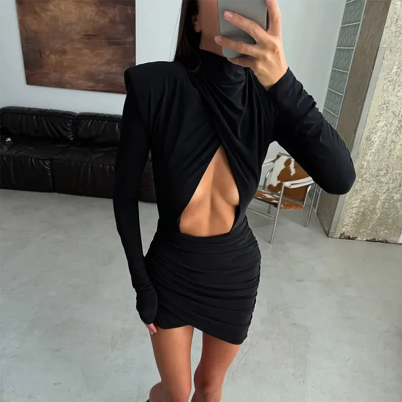 Black Hollow Out Mini Dress Women's Long Sleeve Sexy High Collar Slim A-line Dresses 2025 Lady Evening Party Club Gowns Autumn