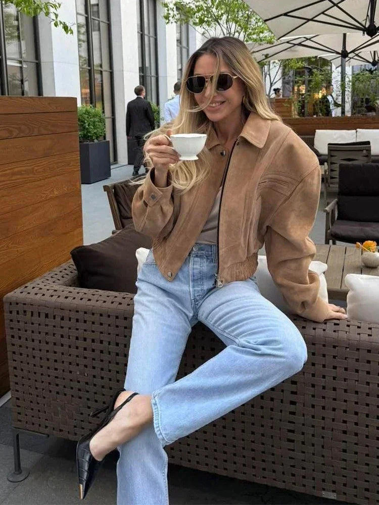 Women's Brown Suede Short Jackets Casual Lapel Zippered Full Sleeves Pocket Loose Short Coats 2025 Autumn Daily Commute Outwear