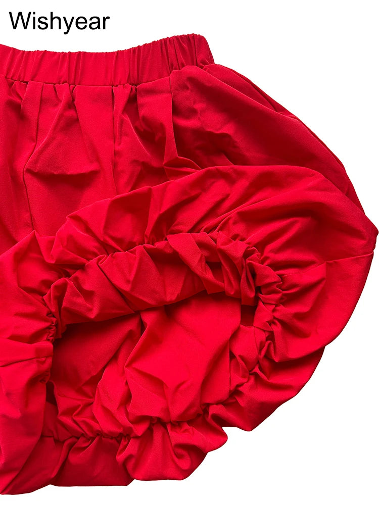 Casual Pleated Double Bubble Baddie Shorts for Women Elastic Waist Red Pants Summer Beach Y2k Streetwear Vacation Club Outfit