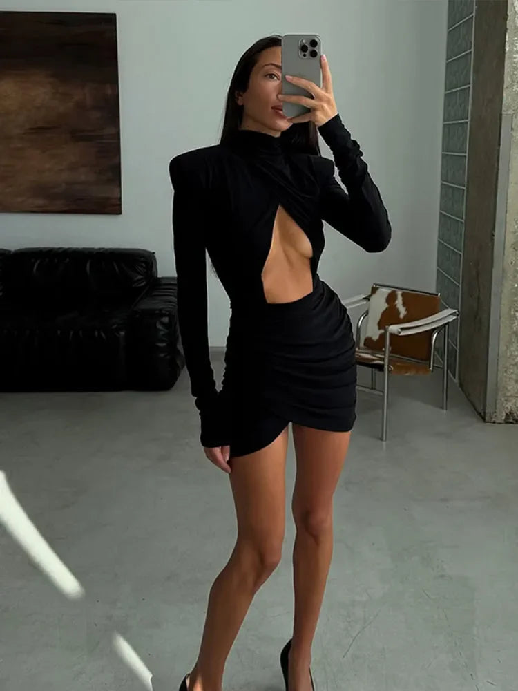 Black Hollow Out Mini Dress Women's Long Sleeve Sexy High Collar Slim A-line Dresses 2025 Lady Evening Party Club Gowns Autumn