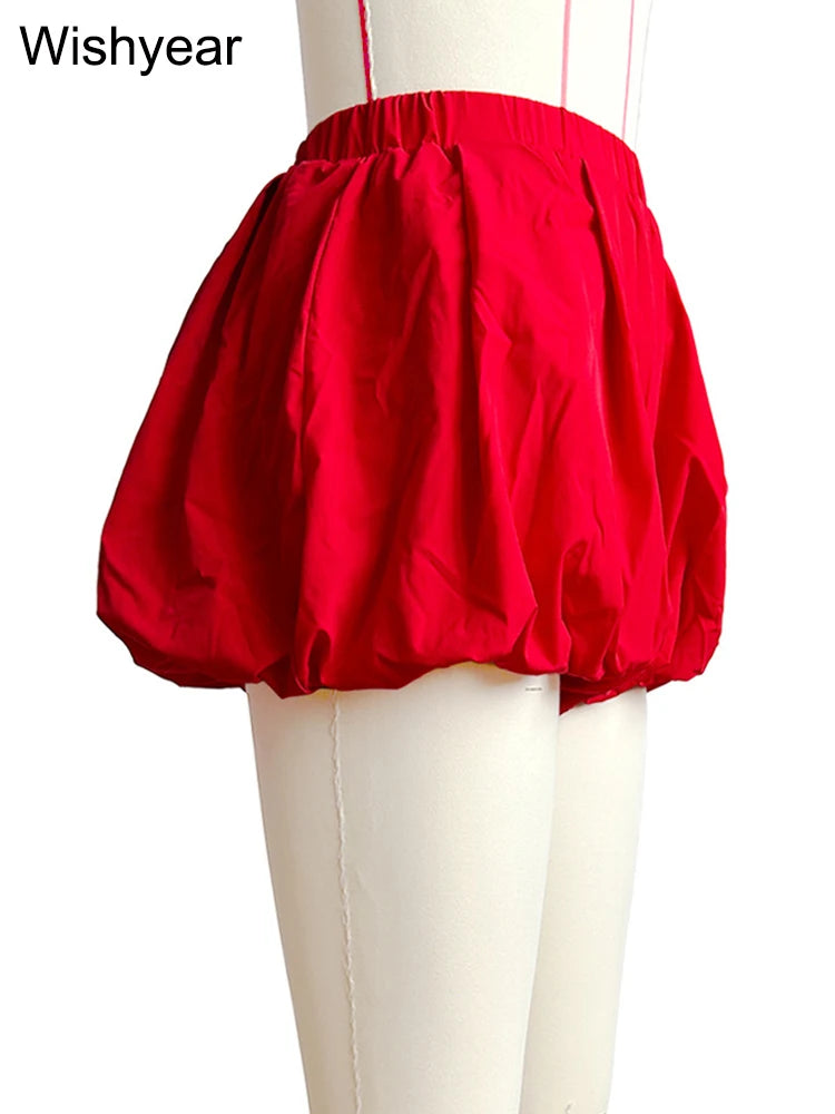 Casual Pleated Double Bubble Baddie Shorts for Women Elastic Waist Red Pants Summer Beach Y2k Streetwear Vacation Club Outfit