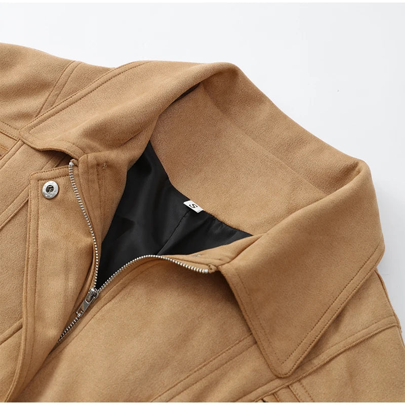 Women's Brown Suede Short Jackets Casual Lapel Zippered Full Sleeves Pocket Loose Short Coats 2025 Autumn Daily Commute Outwear