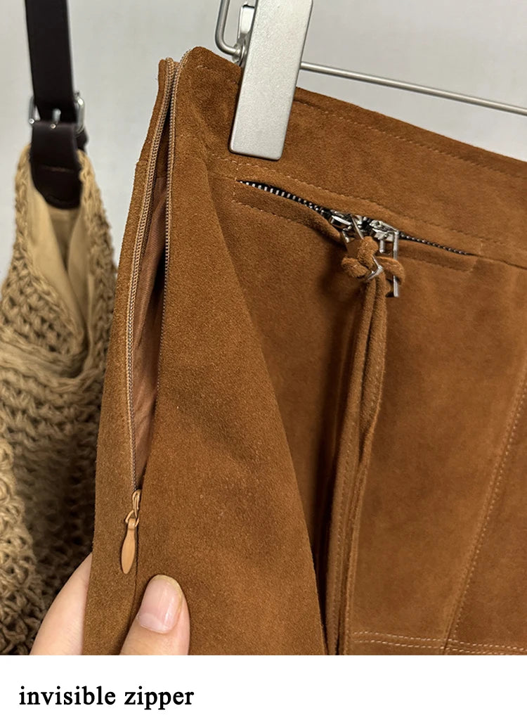 2025 Autumn Women's Sheepskin Suede Leather Skirt Female Retro Maillard Split Slim Pencil Wrap Jupe Mujer Auburn Midi Faldas
