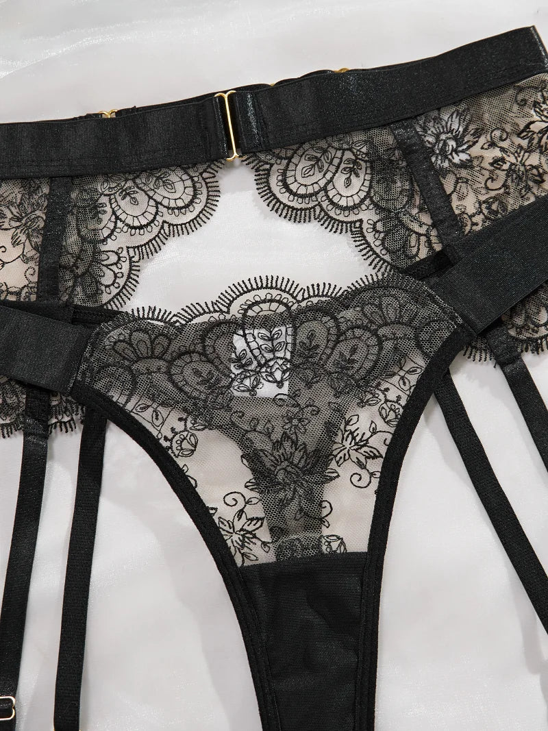 Luxury Black Flower Embroidery Lingerie Set Fancy Mesh Transparent Metal Buckle Bra And Thong Garter