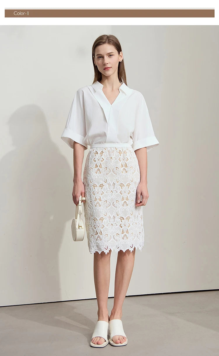 AMII Minimalist Beige Elegant Skirt Straight 2025 Summer Office Lady Romantic Flower Lace Embroidery Women Midi Skirts 12542169