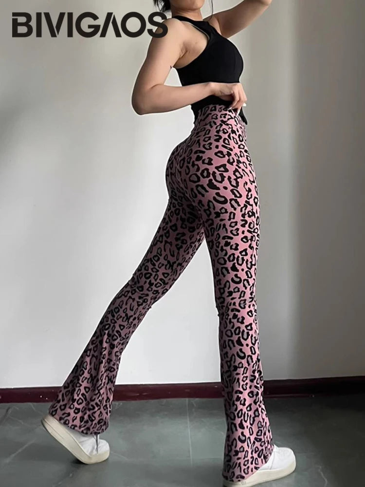 BIVIGAOS Spring Summer Leopard Print Flared Leggings Women Sharkskin High Waist Tight Sport Pilates Sexy Fitness Horseshoe Pants