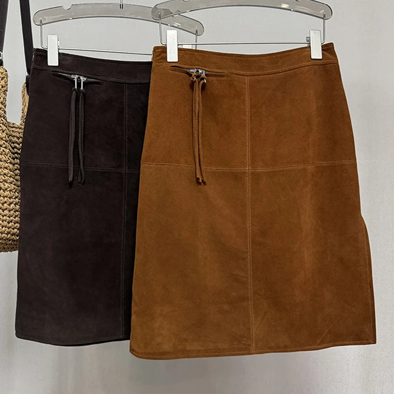 2025 Autumn Women's Sheepskin Suede Leather Skirt Female Retro Maillard Split Slim Pencil Wrap Jupe Mujer Auburn Midi Faldas