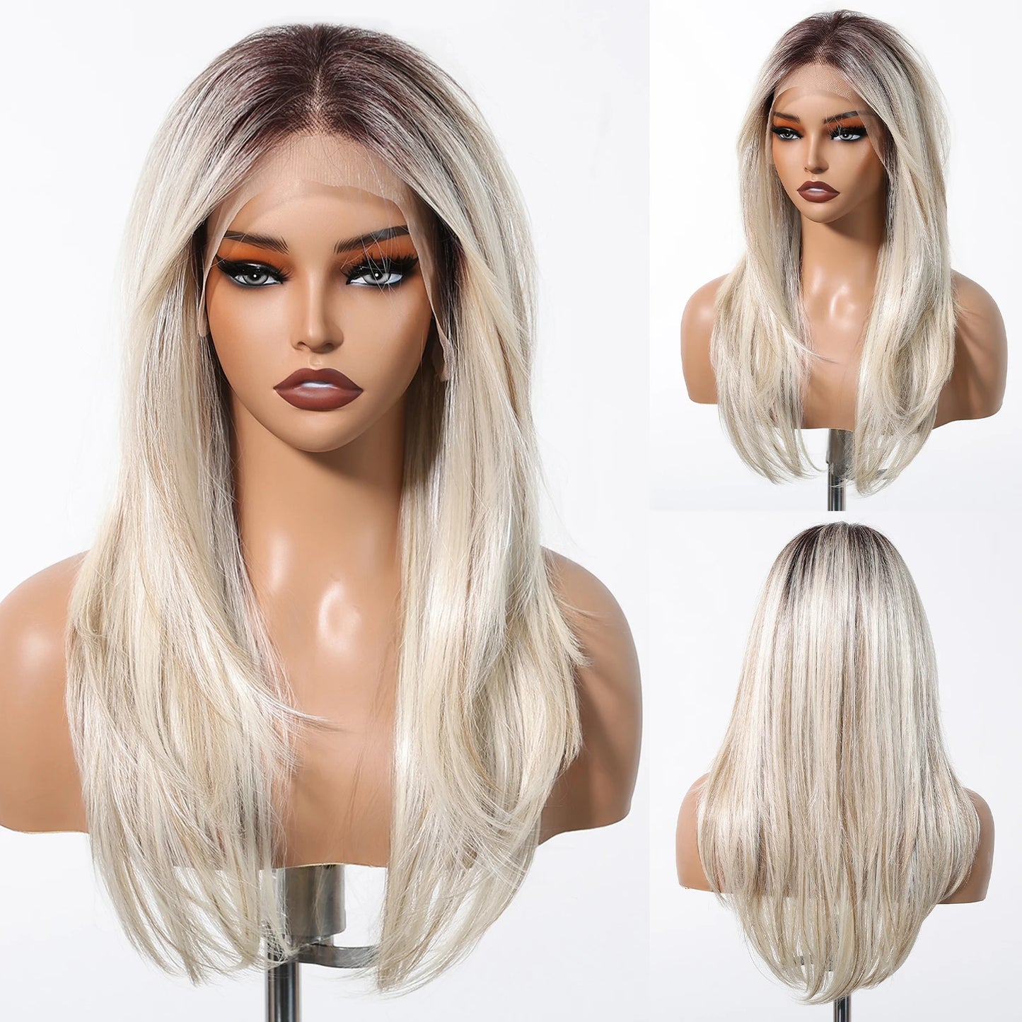 Ombre Blonde Platinum Synthetic Lace Frontal Wigs Long Straight 13*6 Lace Front Wigs for Women Daily Heat Resistant Hairline Wig