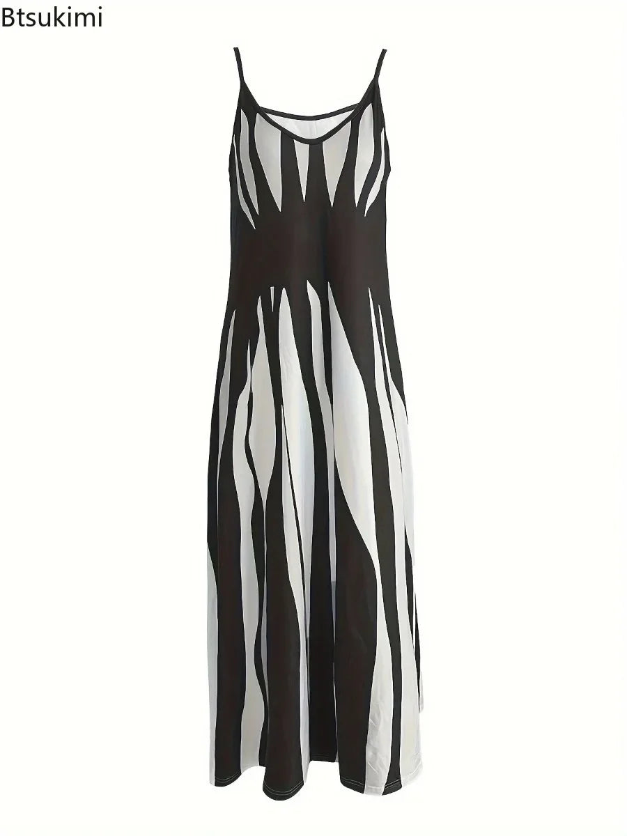 Women's Summer Sleeveless Print Sling Long Dress Vintage Loose Sundress Sexy V-neck Bohemian A-line Vacation Strappy Maxi Dress
