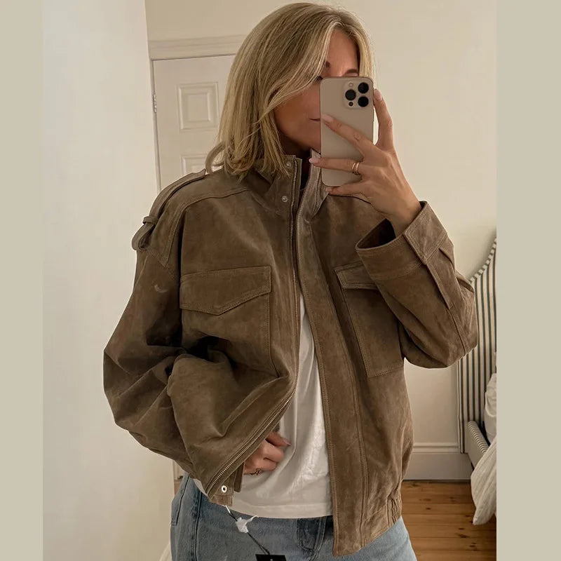 Women's Brown Suede Short Jackets Casual Lapel Zippered Full Sleeves Pocket Loose Short Coats 2025 Autumn Daily Commute Outwear
