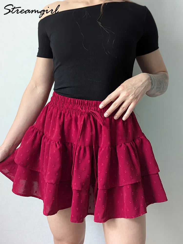 Streamgirl Women Mini Skirts With Shorts Under Summer Clothes Tie Up A Line Short White Pleated Ruffled Layered Skirt For Women