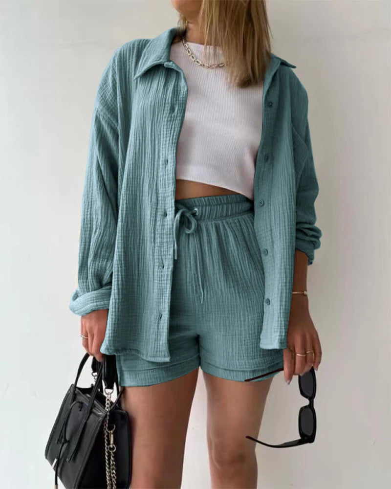 Summer Women's Suit Short Sets Outfits Muslin Suit For Women 2025 Two Piece Female Clothing Solid Button Outfits