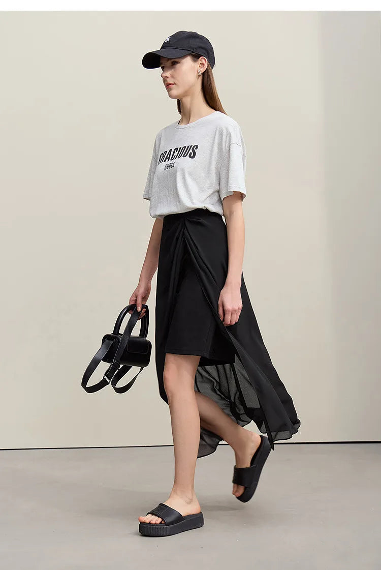 Amii Women's Skirt 2026 Summer Elegant Chiffon Midi Skirt Pleated Side Slit Office Casual Versatile Women's Clothing 12612002