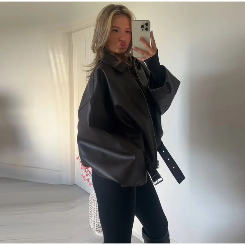 The Belted PU Bomber Jacket
