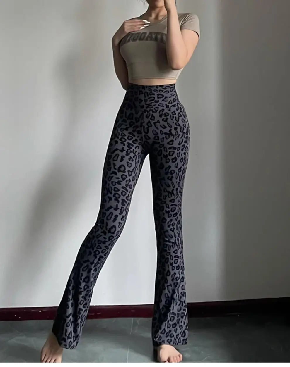 BIVIGAOS Spring Summer Leopard Print Flared Leggings Women Sharkskin High Waist Tight Sport Pilates Sexy Fitness Horseshoe Pants