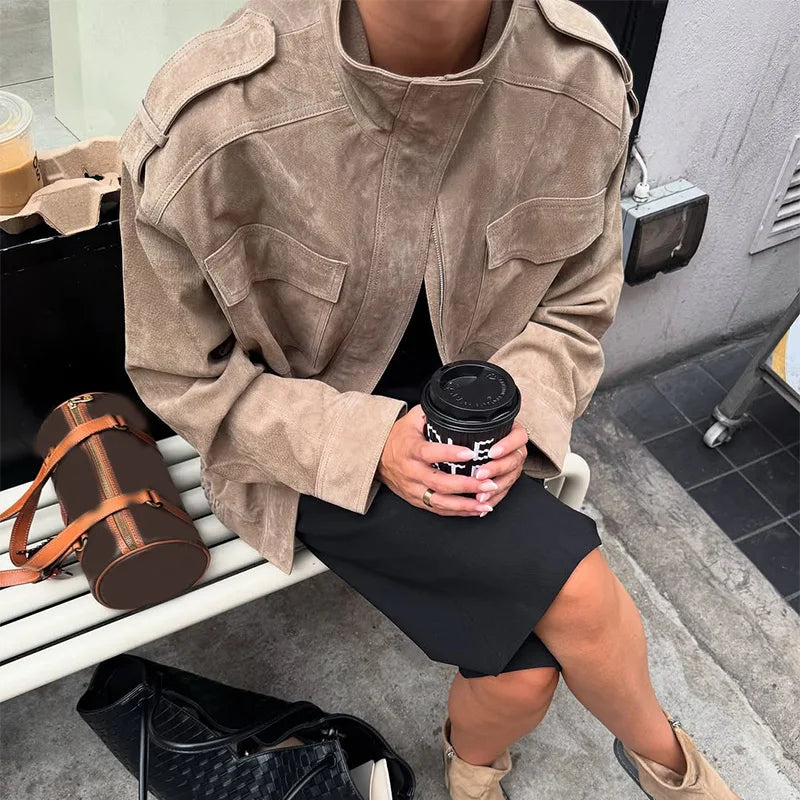 Women's Brown Suede Short Jackets Casual Lapel Zippered Full Sleeves Pocket Loose Short Coats 2025 Autumn Daily Commute Outwear