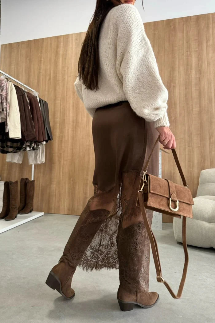 Women Patchwork Lace Skirts 2026 New Vintage High Waist Slim Hollow Out Maxi Skirts Autumn Brown Fashion Party Club Boho Skirt