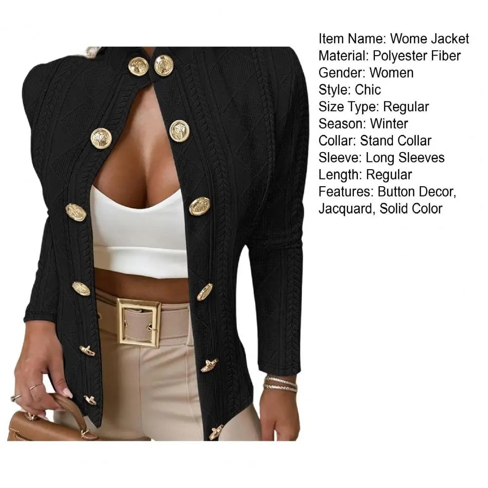 Fall Winter Women Jacket Slim Fit Metal Buttons Stand Collar Long Sleeves Jacquard Coat Solid Color OL Commuting Coat For Work