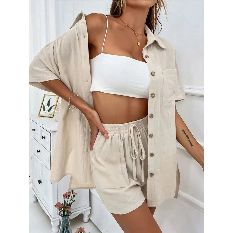 Solid Color Casual Loose Short Pants Sets For Women 2024 Elegant Summer Women's Two Pieces Suit Full Set Female Outfit Clothes