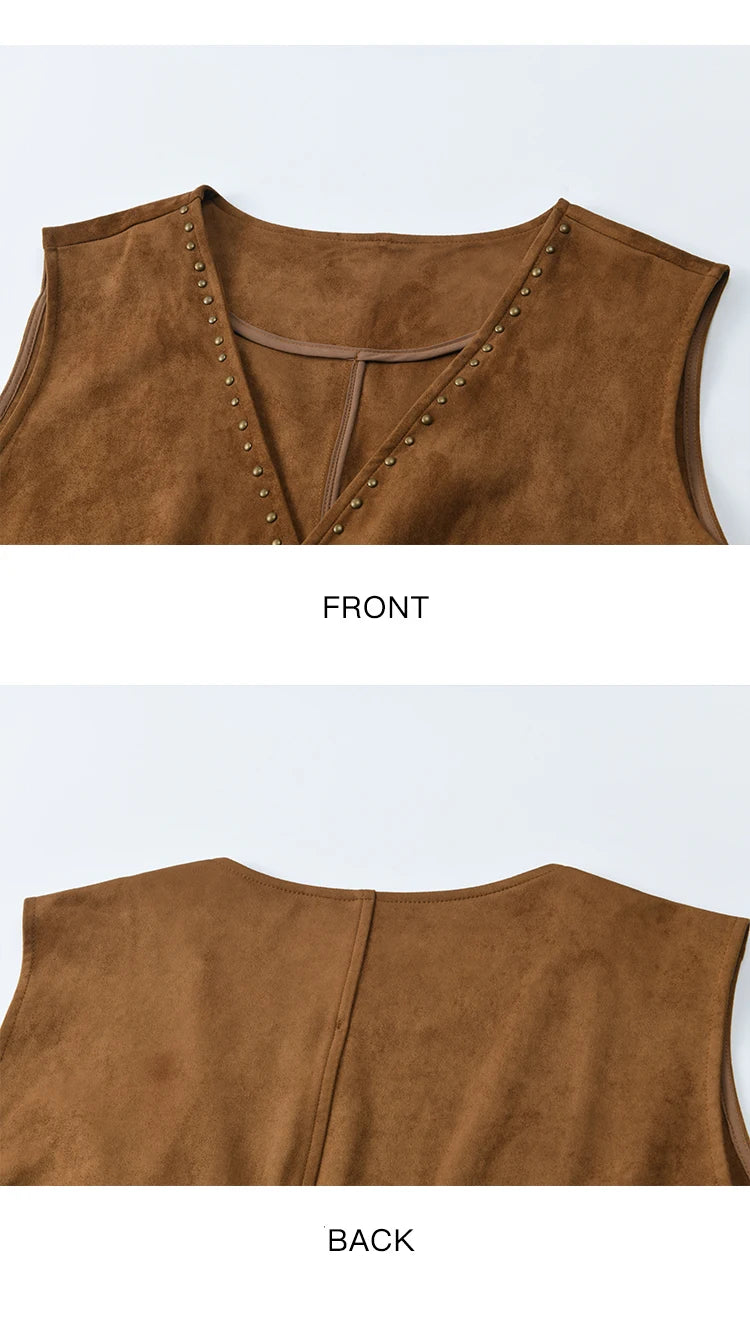 MISHOW Suede Vest Jacket for Women 2025 Autumn French Vintage Sleeveless Thin Vest Coat Rivet Design V-neck Vests MXE46W0863