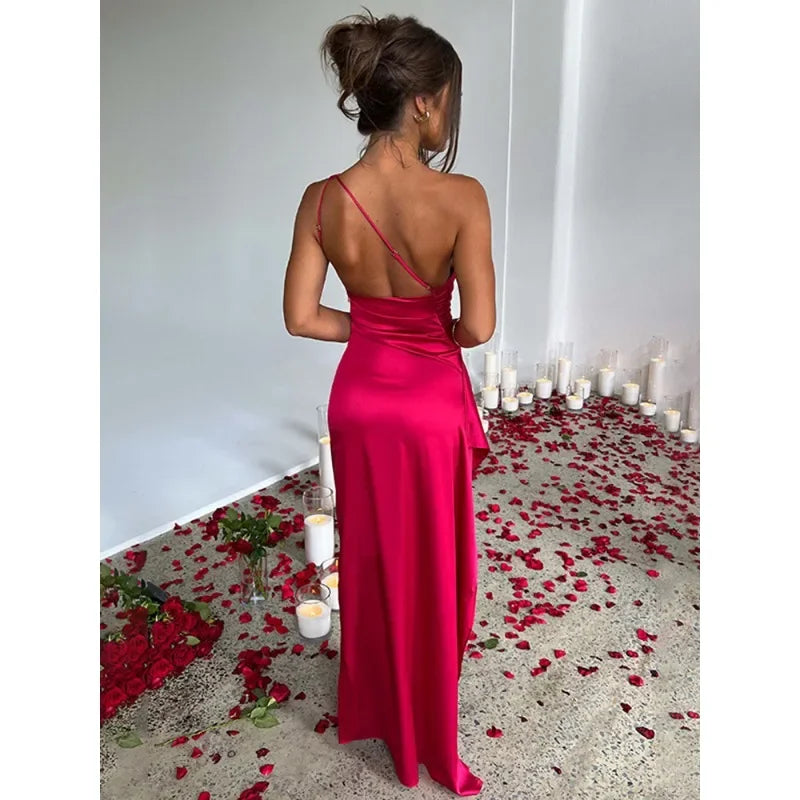 The One-Shoulder Satin Split Maxi