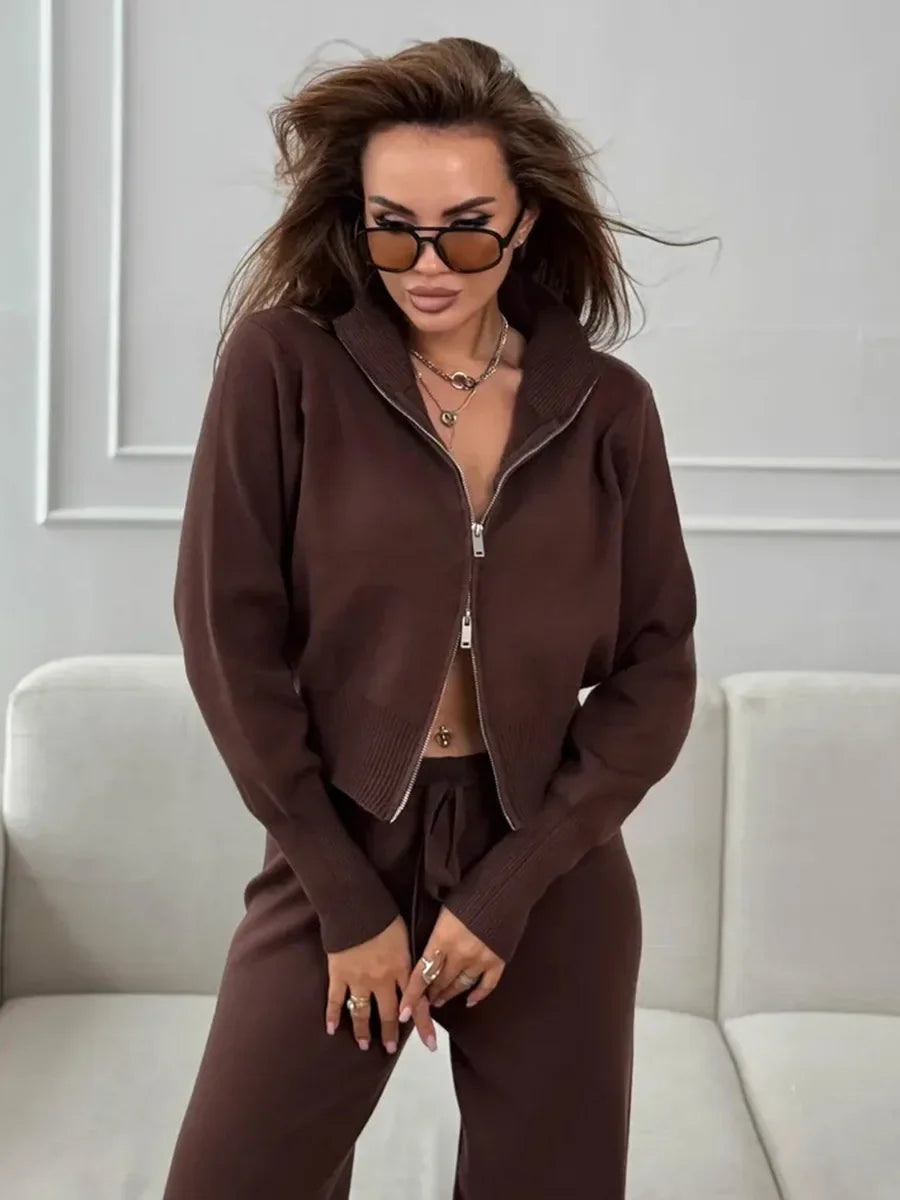 Wolfeel  New Autumn Winter Zip Up Knit Pants Set Women's Trendy Slim Fit Cardigan Pants Chic Commuting Sweater Outfit