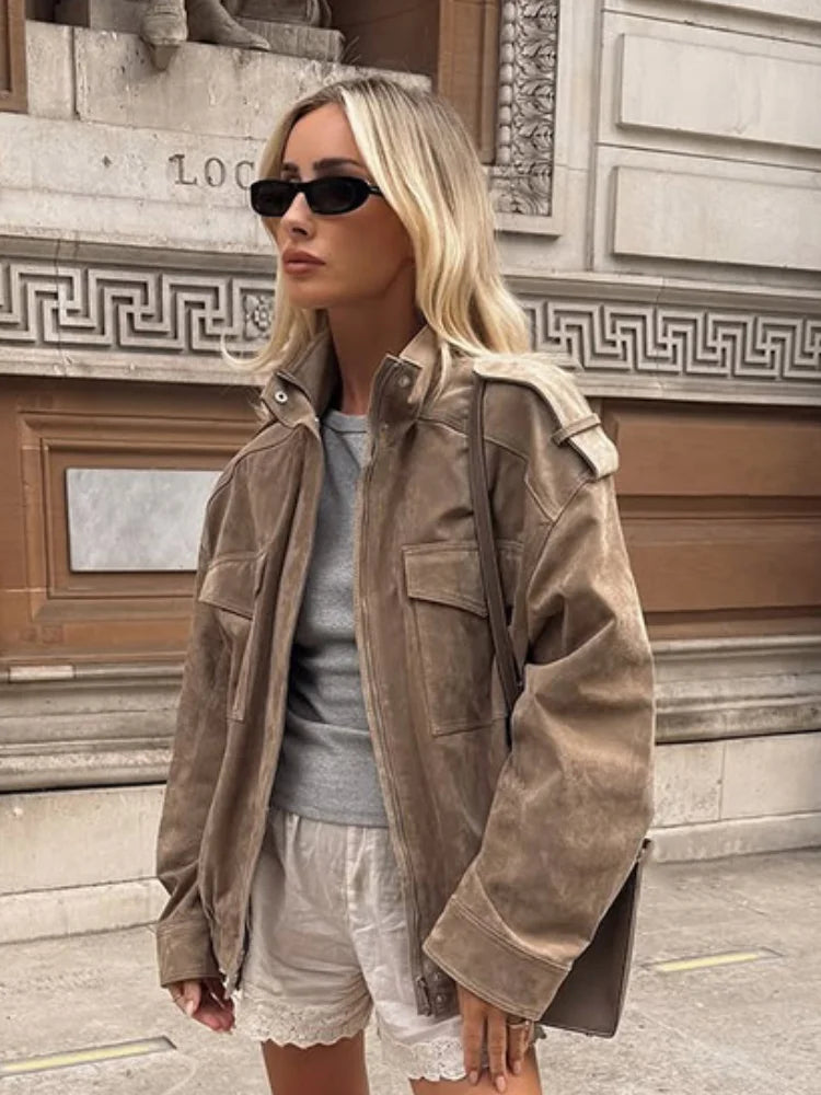 Women's Brown Suede Short Jackets Casual Lapel Zippered Full Sleeves Pocket Loose Short Coats 2025 Autumn Daily Commute Outwear