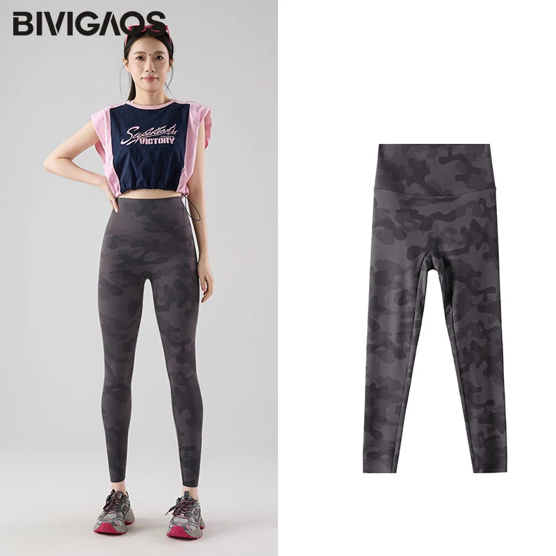 BIVIGAOS Spring Summer New Seamless Camouflage Sharkskin Leggings Women Fashion High Waist Casual Sports Tights Fitness Leggings
