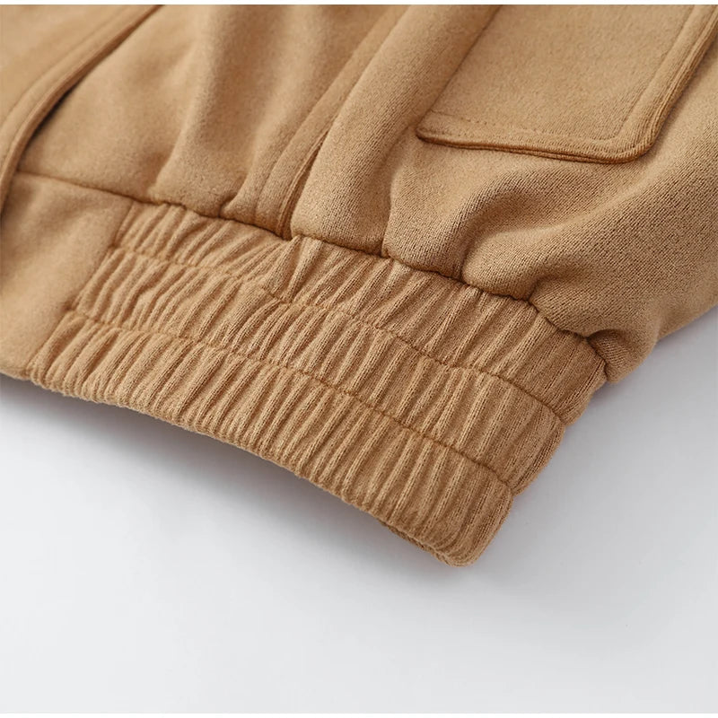 Women's Brown Suede Short Jackets Casual Lapel Zippered Full Sleeves Pocket Loose Short Coats 2025 Autumn Daily Commute Outwear