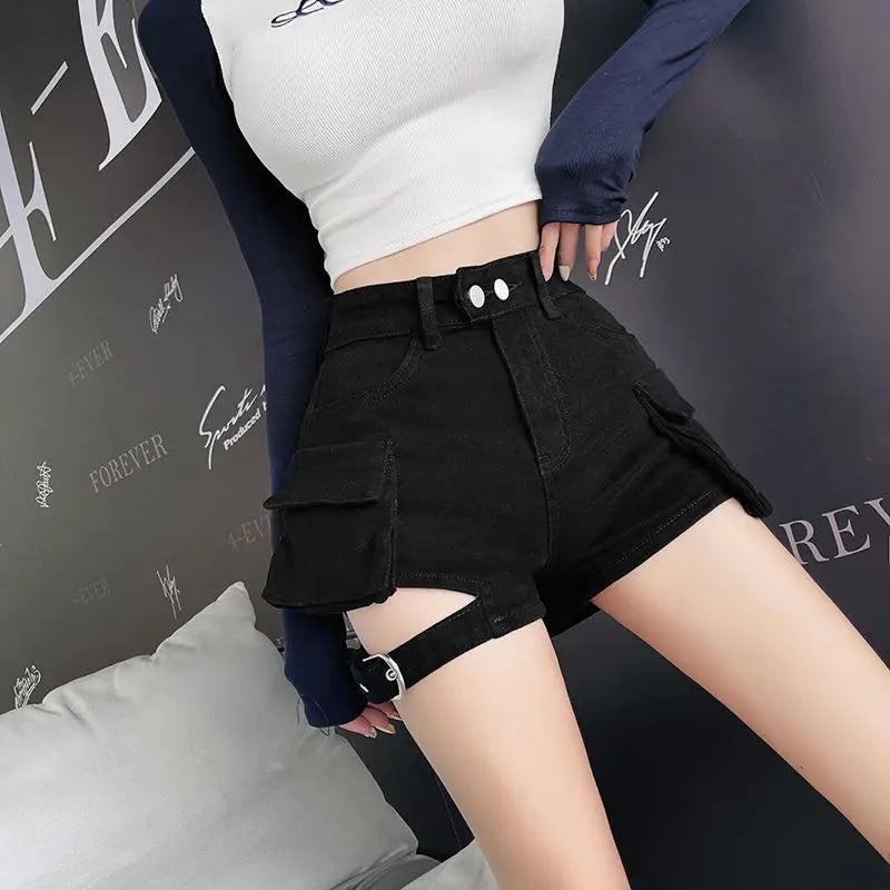 High Waisted Cargo Shorts Khaki Chic Pockets Jeans Shorts Sexy Girl Summer Clothes for Women
