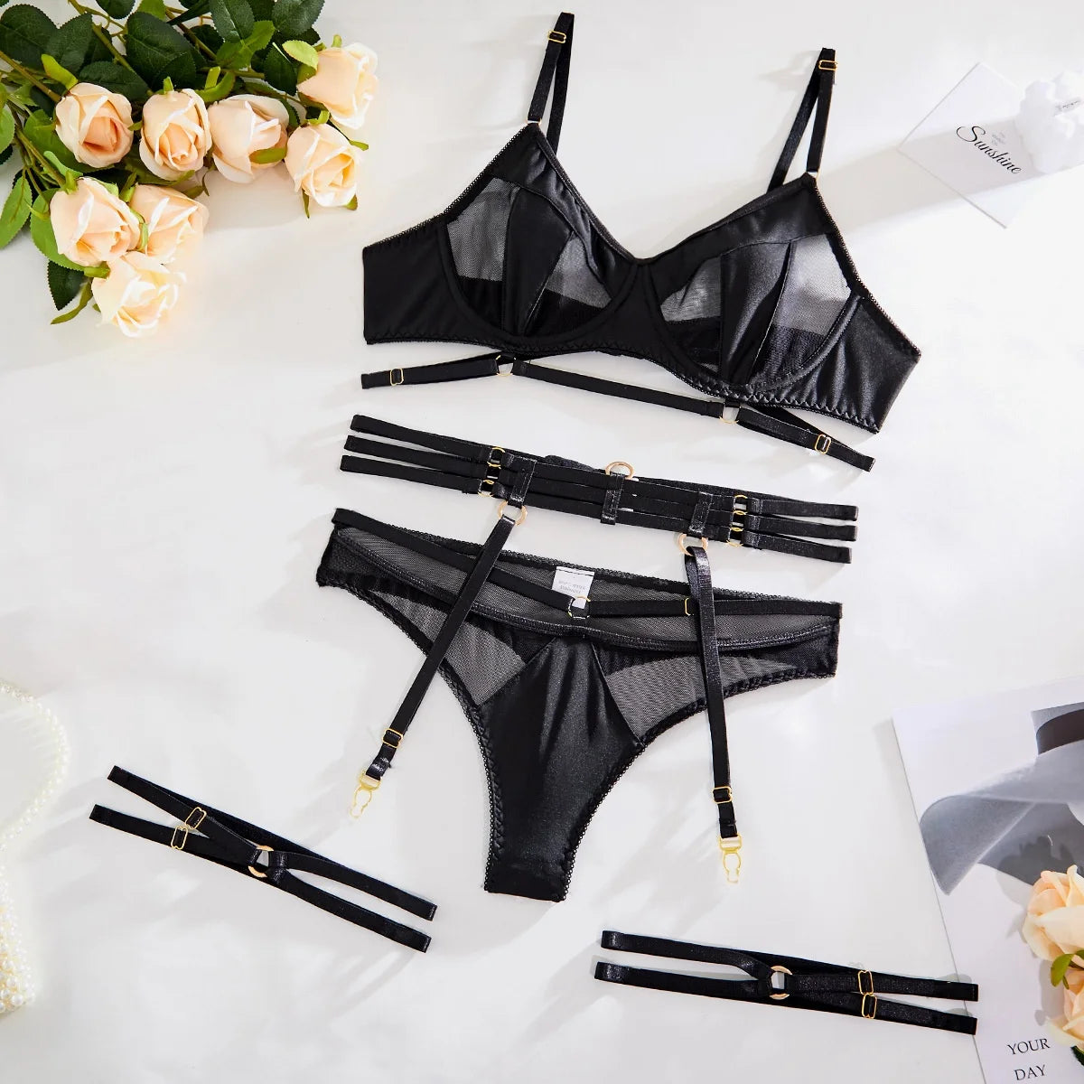 Fashion Black Bra Set Women Patchwork See Through Mesh Lingerie Set Ladies Sexy Panty Garters Transparent Underwear Set
