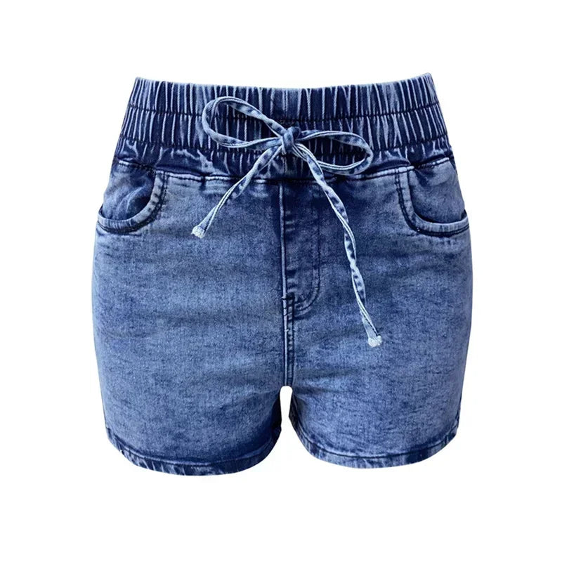 Women Stretch Lace-up Elastic Waist Denim Shorts Summer High-Waist Three Quarter Pants Female Casual Mini Tight Straight Jeans 4
