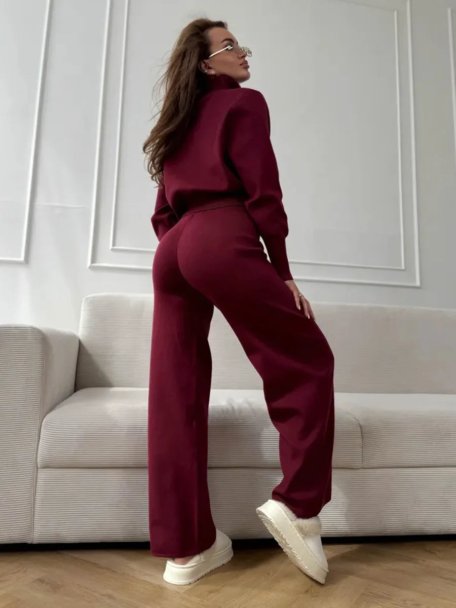 Wolfeel  New Autumn Winter Zip Up Knit Pants Set Women's Trendy Slim Fit Cardigan Pants Chic Commuting Sweater Outfit