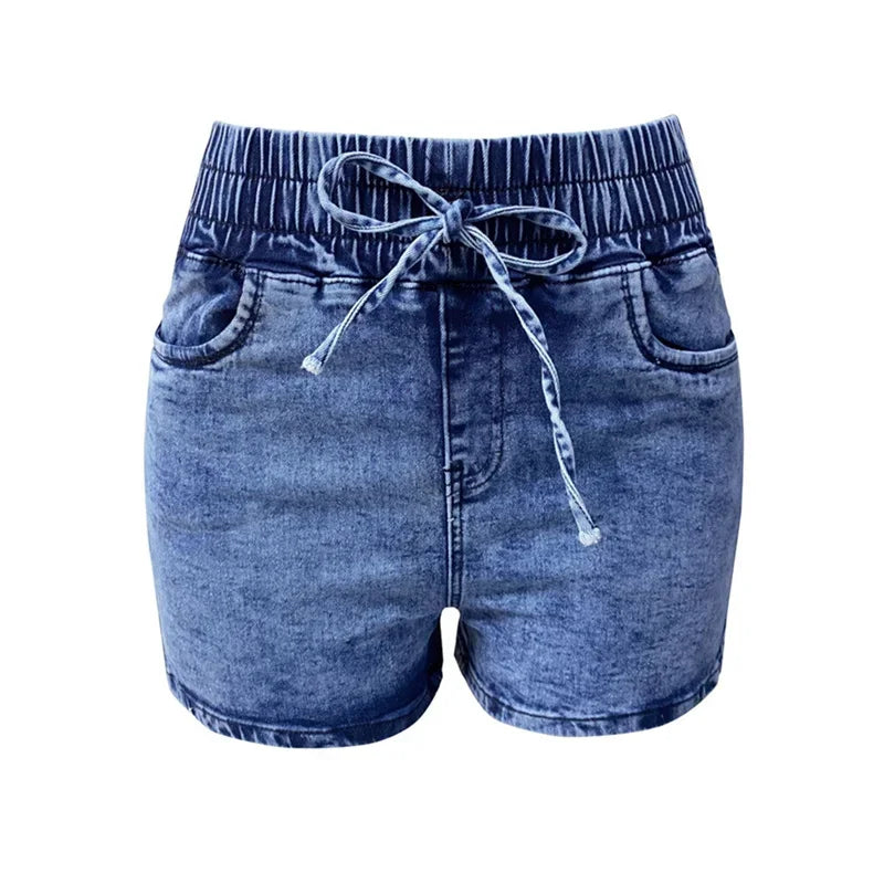 Women Stretch Lace-up Elastic Waist Denim Shorts Summer High-Waist Three Quarter Pants Female Casual Mini Tight Straight Jeans 4
