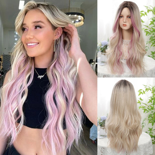 The Pink Blonde Dark Root Wavy Wig with Bangs