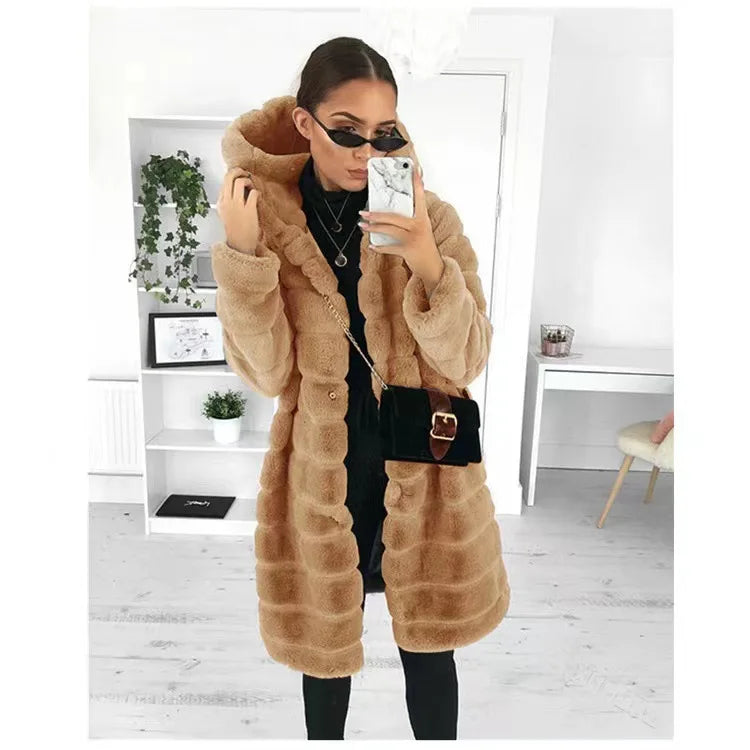 Mink fur imitation fur coat autumn and winter new women's mid to long Korean version slim fit and slimming hooded warm coat