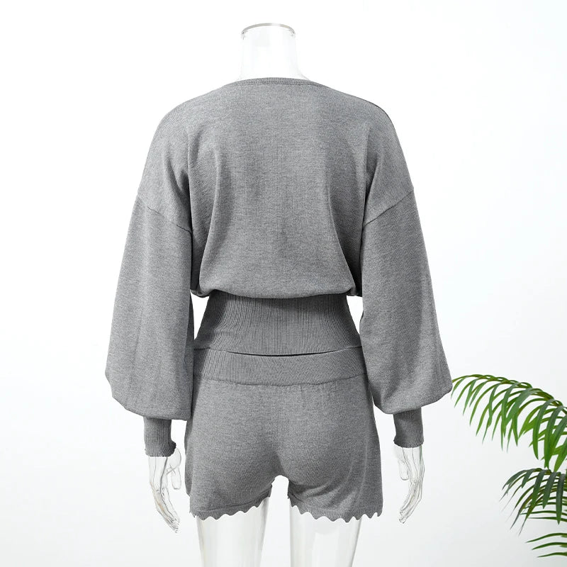 Casual Solid Long Sleeve Button Front Set Vintage Lace Trim Fitted Top High Waist Shorts Sets Youthful Daily Outfit 2026 Trendy