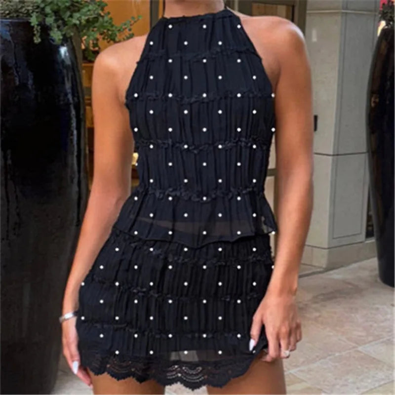Two Piece Skirt Set for Women Y2k Lace Sheer Mesh Ruched Halter Top Smocked Mini Skirt Summer Beach Matching Outfits