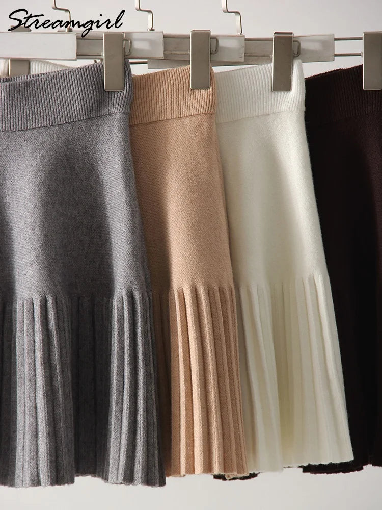 Black Mini Pleated Skirt Gray Women Elastic Waist Short Knitted Skirt For Autumn White A Line Knit Short School Skirt For Women