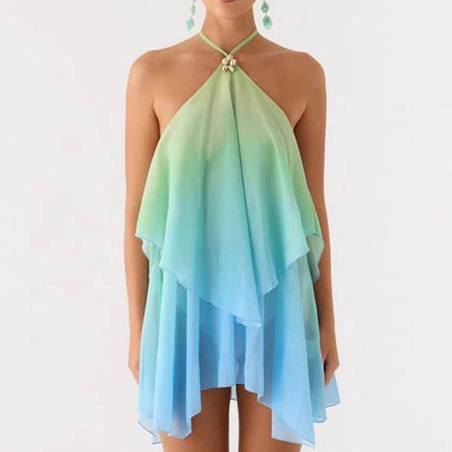 Women Ruffles Halter Neck Mini Dress Summer Mock Neck Open Back Tiered Dress Y2K Backless Mesh Layered Going Out Dresses