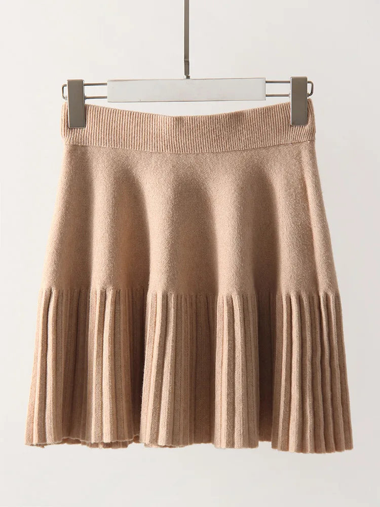 Black Mini Pleated Skirt Gray Women Elastic Waist Short Knitted Skirt For Autumn White A Line Knit Short School Skirt For Women